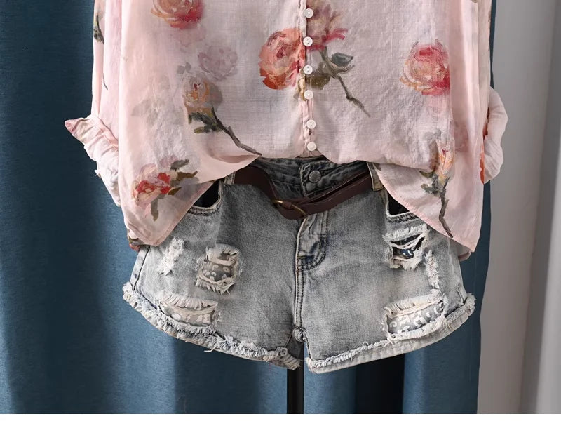 2025 Autumn clothes woman French fashion v neck rose floral print shirts and blouses for women vintage ladies tops