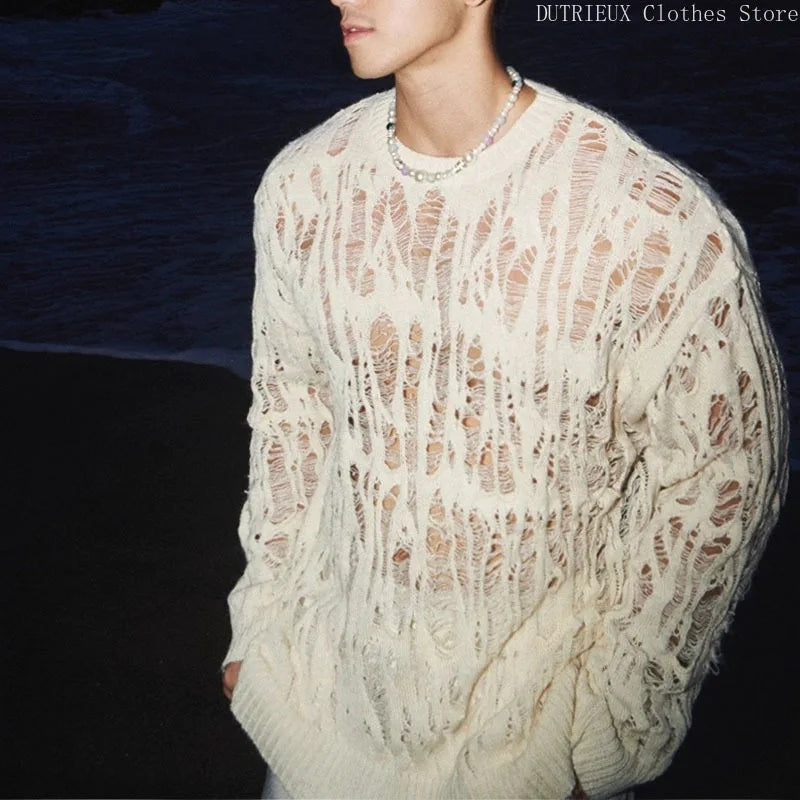 【 Fashion Items 】 Men's Laid-back Style Openwork Long-sleeved T-shirt , See-through Tattered Style Long-sleeved Knitted Sweater