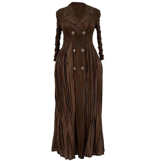 2025 Autumn Women's Fashion Dress Robe New Black Elegant Temperament Miyake Crumpled Long Skirt