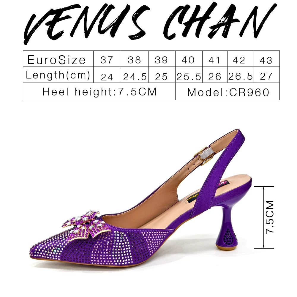 Venus Chan Green Color Pointed-Toe High Women Heels Shoes and Bags for Women Rhinestone Evening Party Elegant Luxury Handbag