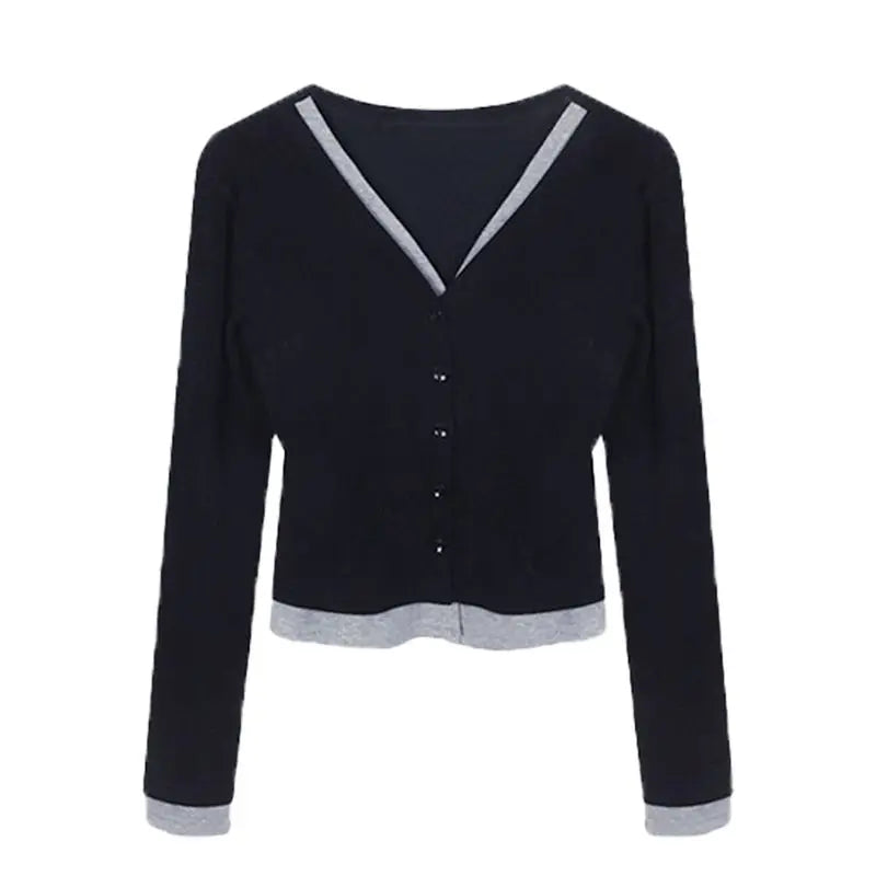 Women's Clothing Fashion All-match Fake Two Pieces T-shirt Spring New Solid Patchwork Long Sleeve Tops Office Lady Knit Tunic