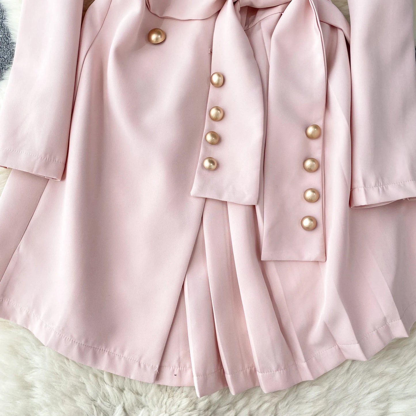 Women's Fashion Trendy Office Coat Dress Ladies Age Reduce Suit Collar Strap Tight Fit Short Pleated Long Sleeve Dress Coat