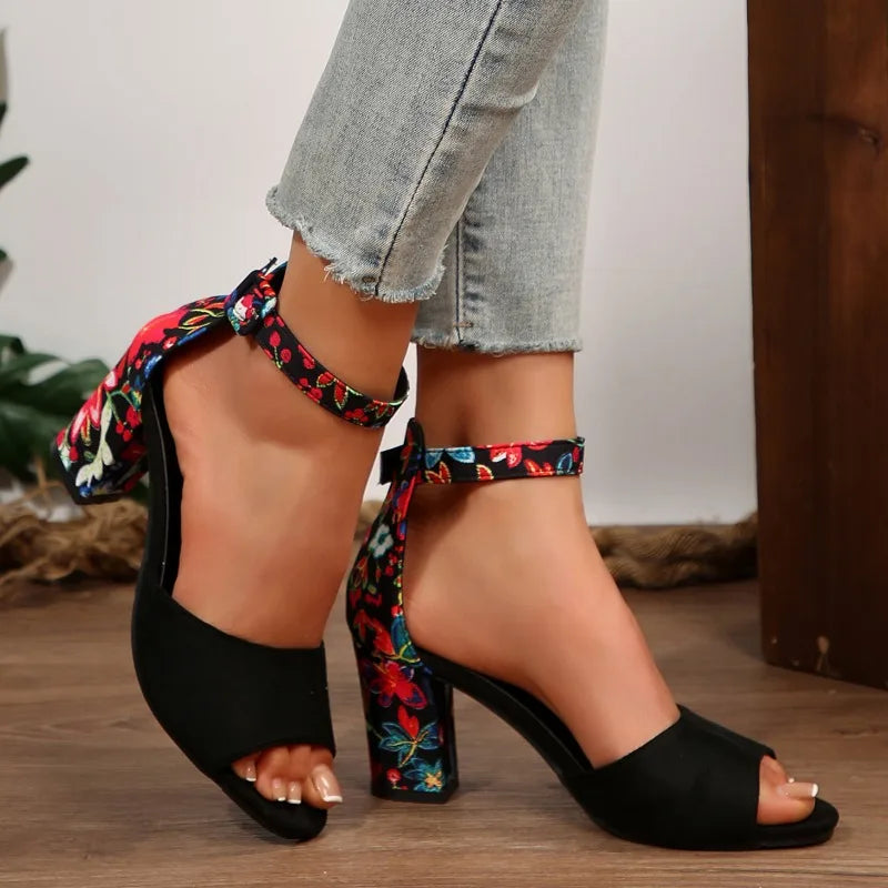 Summer New Thick Heel Sandals for Women Round Head Open-toe Line with Printed Non-slip Wear-resistant Fish Mouth High Heels