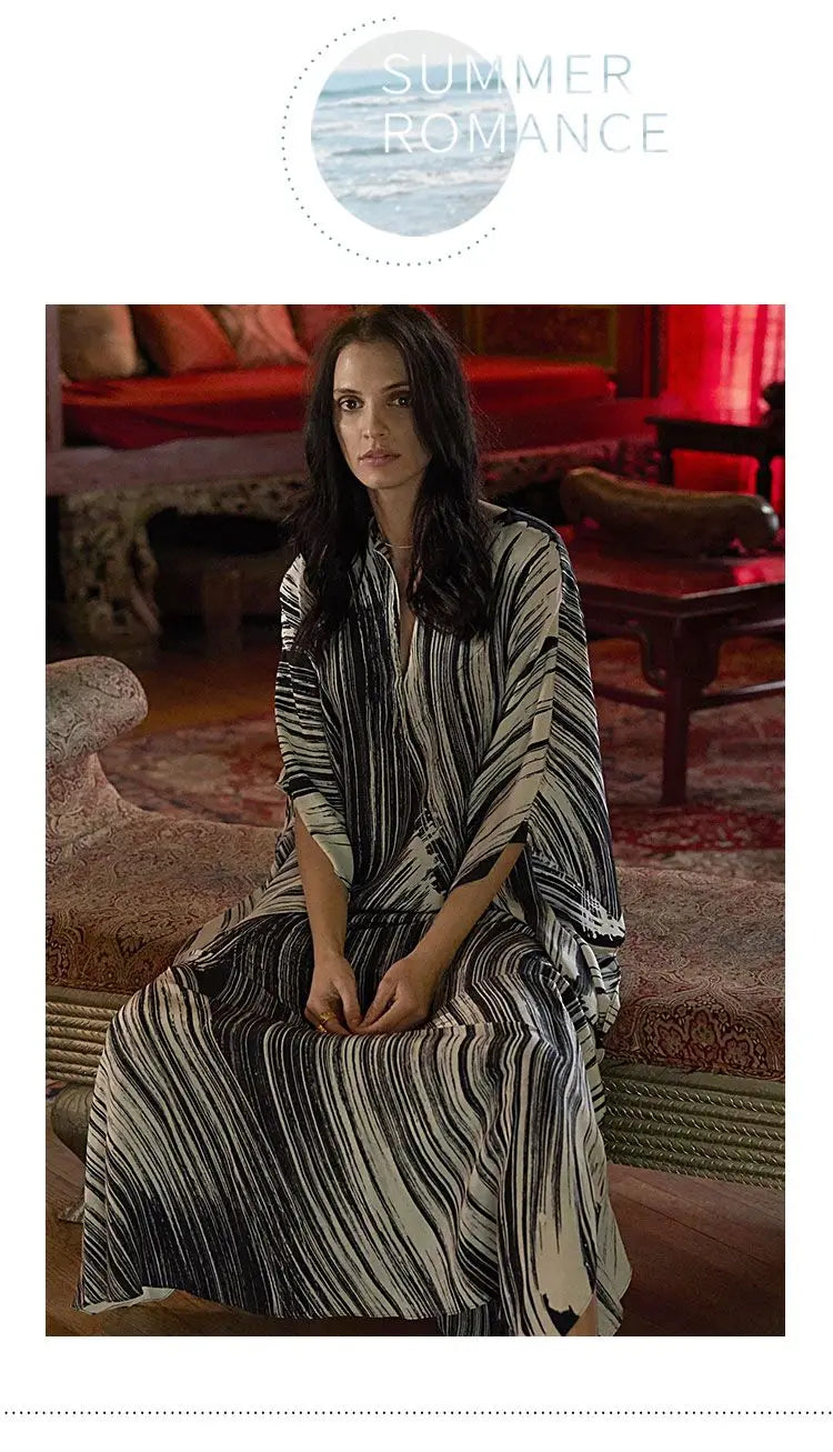 Women's Dress Fashion Beach Vacation Striped Printed Robe 2023 Summer New Casual Vintage Loose Waist V-Neck Long Dresses Female
