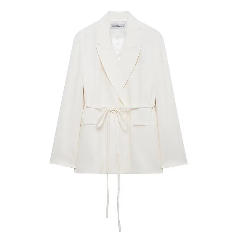 طقم نسائي ربيعي أنيق من HH، يتكون من سترة بيضاء بياقة مطوية وأكمام طويلة وأربطة + بنطلون طويل بسحاب وخصر مرتفع.