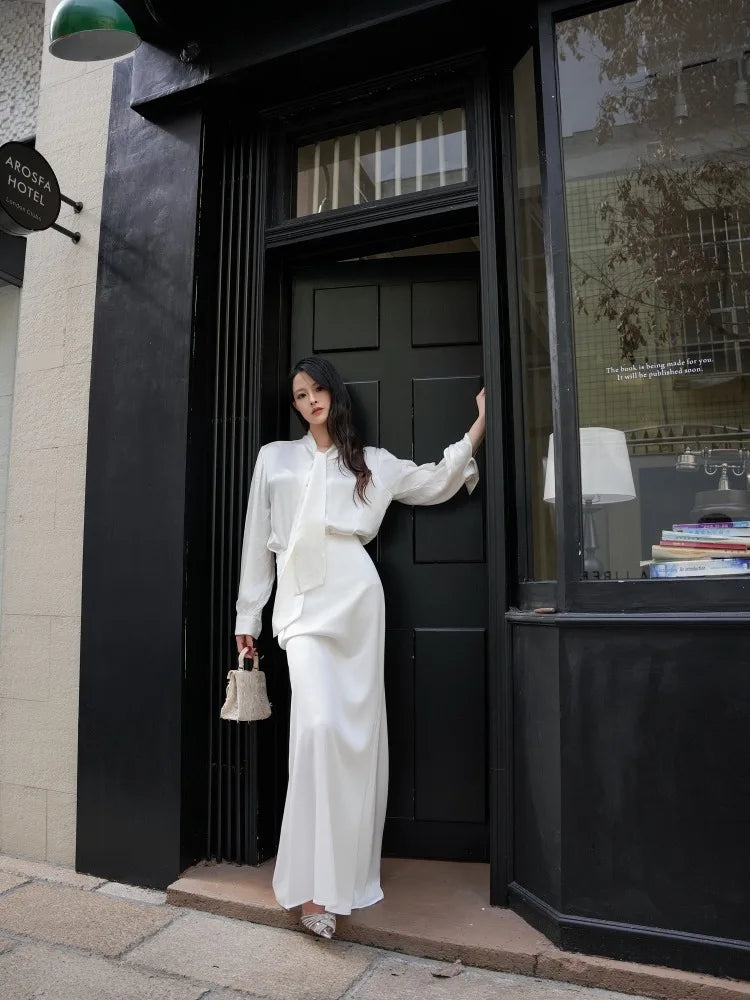 Women's Fashion Trend Sexy Goddess Level Satin Silk Feeling Floor Dragging White Fishtail Skirt Half Skirt Long Sleeved Silk Top