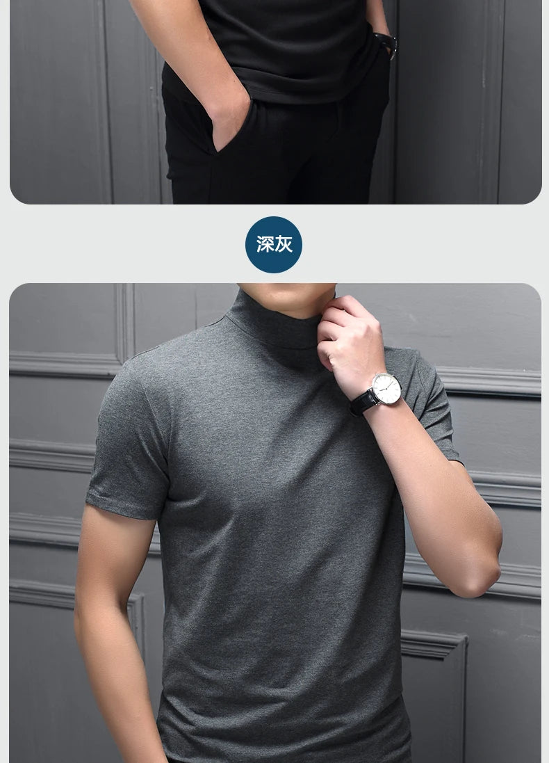 Mens Fashion T-shirt Mock Turtleneck Solid Knit Pullover Sweater Short Sleeve Casual Solid Color Dating Slim Fit Tops Undershirt