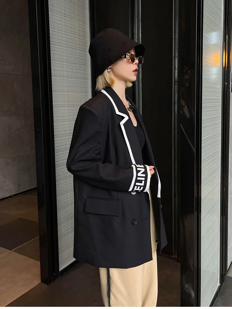 Women Fashion Jacket Wedding Casual Business High Quality Black Blazer Suit Coat Ladies Double Breasted Letter Long Sleeve Tops