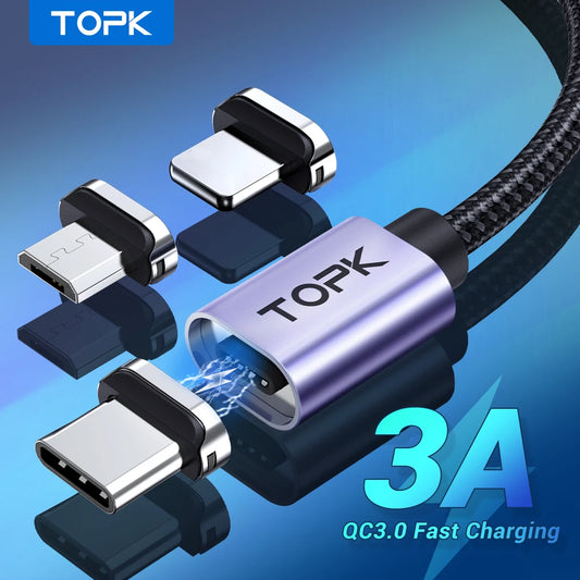 TOPK Magnetic Charging Cable 3A Micro USB Type C Cable with Led Light Magnet Phone Charger Cord for iPhone Android Devices