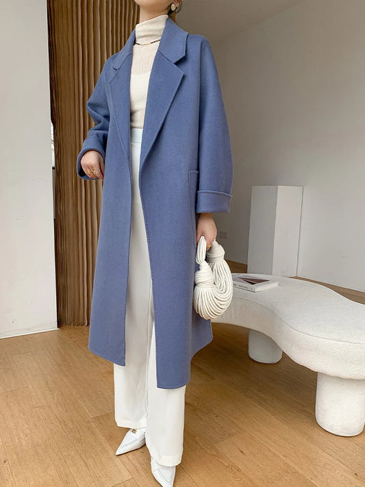 معطف نسائي أحمر أنيق مصنوع من صوف خالص 100%، معطف صوفي مريح للخريف والشتاء، معطف عصري بجيوب كبيرة وخصر، ملابس نسائية