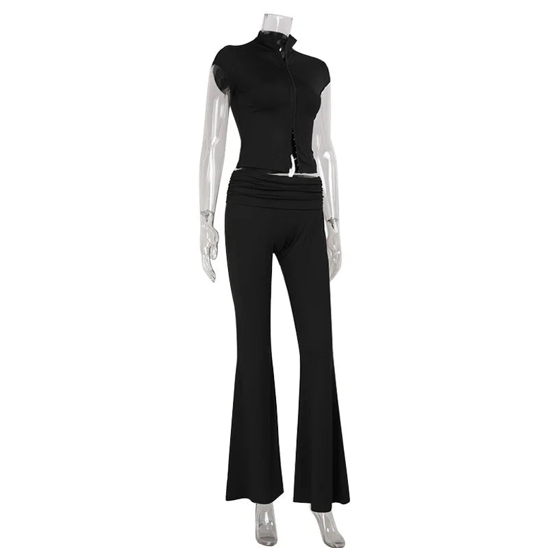 Women's Fashion Short Sleeve Pants Set Chic Tight Zipper Top Straight Leg Low Waist Trousers Casual Streetwear Commute Outfit