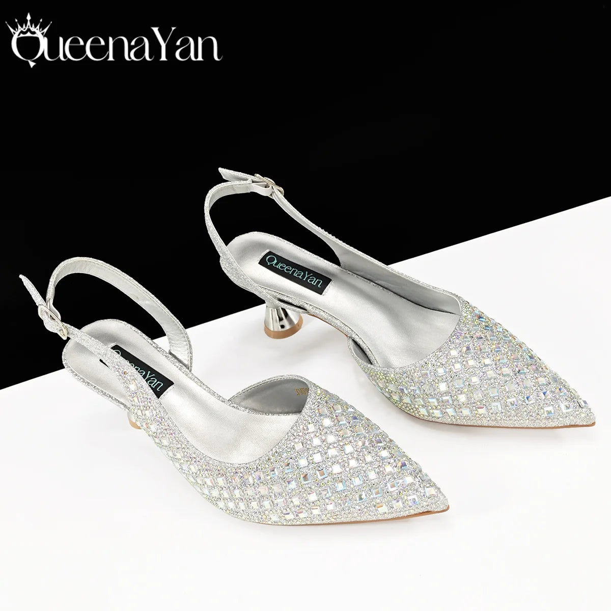 Queena Yan Italian Design Rhinestone Luxury Green Colour Pointed Toe Shoe & Bag Set Women's High Heels for Parties High Quality