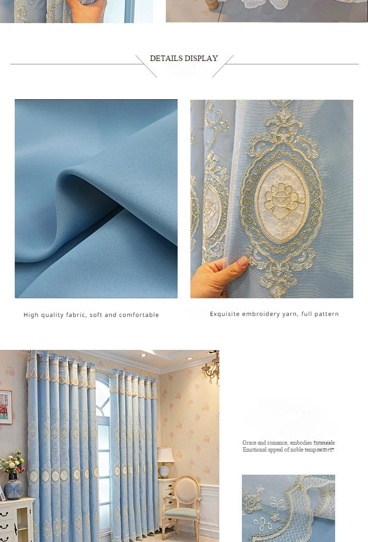 ستائر مخصصة لغرفة المعيشة وغرفة الطعام وغرفة النوم، قماش أوروبي فاخر مزدوج الطبقات مع تطريز متكامل وديكور معتم