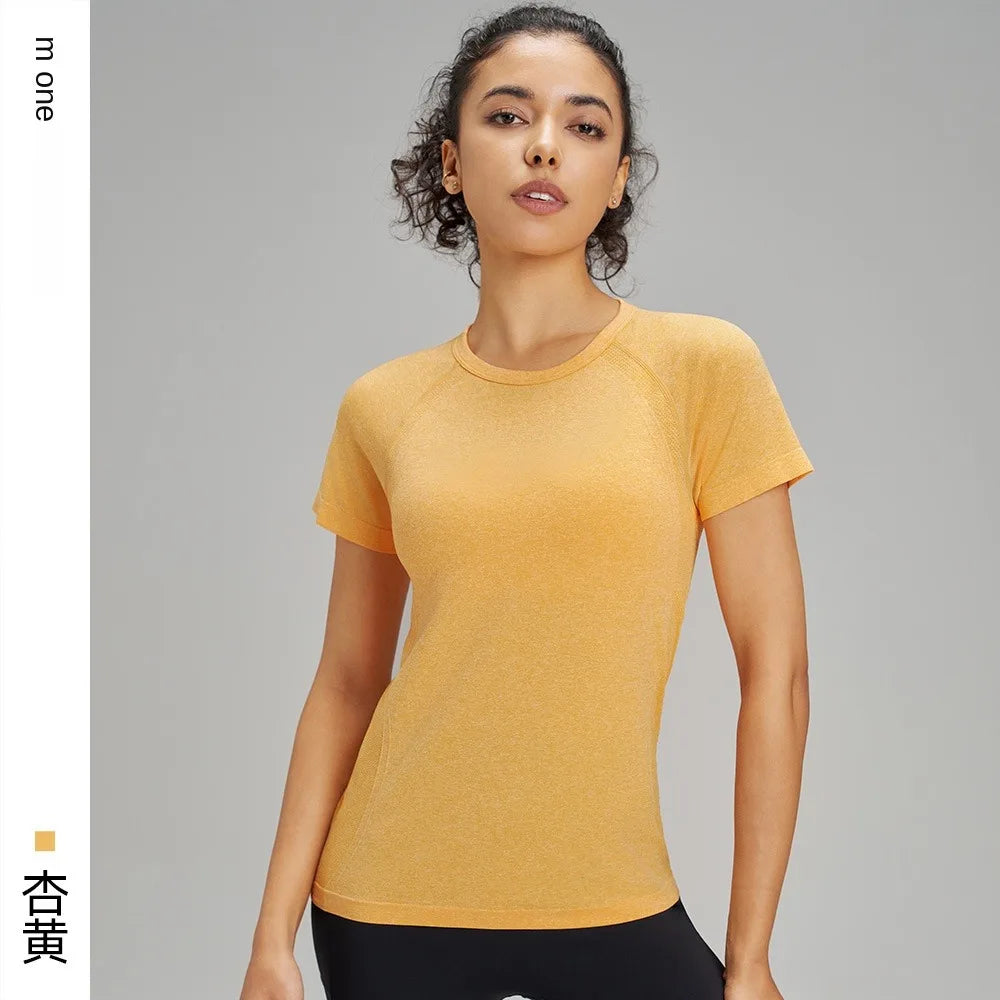 Outdoor yoga T-shirt, quick drying solid color sportswear, casual running, quick drying fitness training, short sleeved women