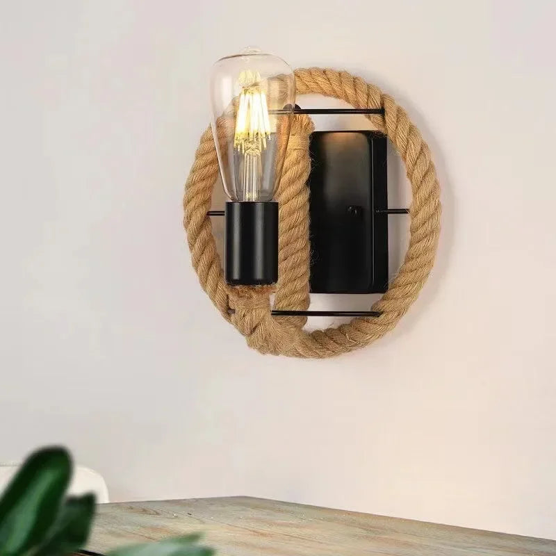 Bedside bedroom decorative wall lamp retro staircase hallway iron hemp rope lamp American industrial style Sconce lamp