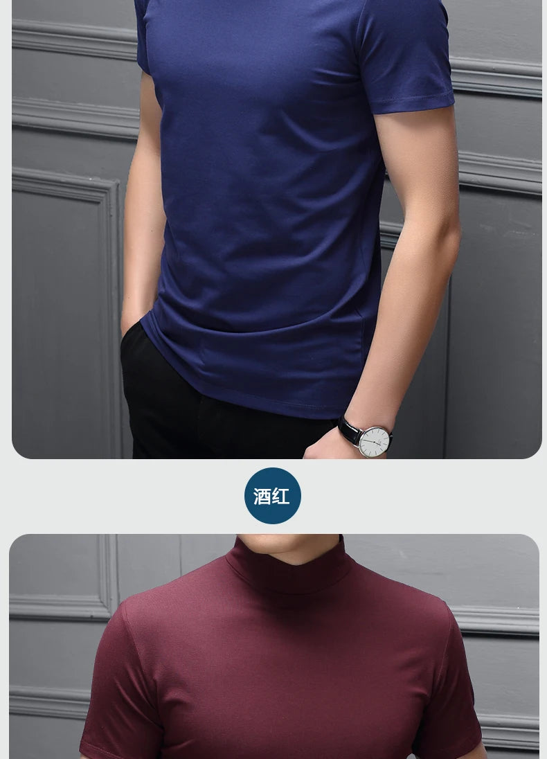 Mens Fashion T-shirt Mock Turtleneck Solid Knit Pullover Sweater Short Sleeve Casual Solid Color Dating Slim Fit Tops Undershirt