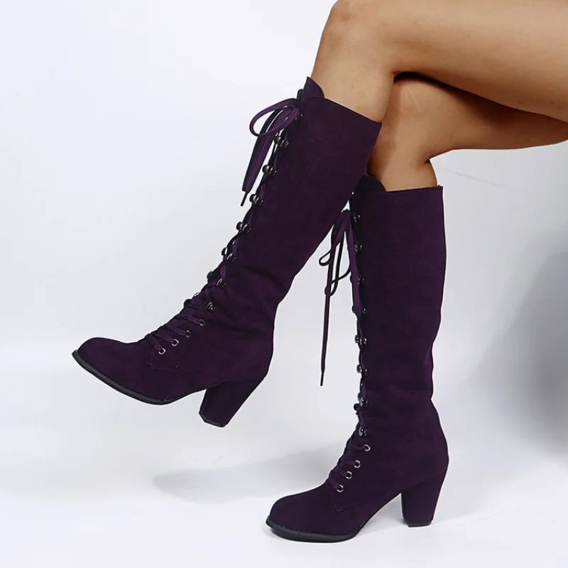 Winter Autumn Woman Knee High Boots Woman Long Boots Lace Up Fashion Sweet Woman Boots Daily Footwear 35-43 Purple Square Heel