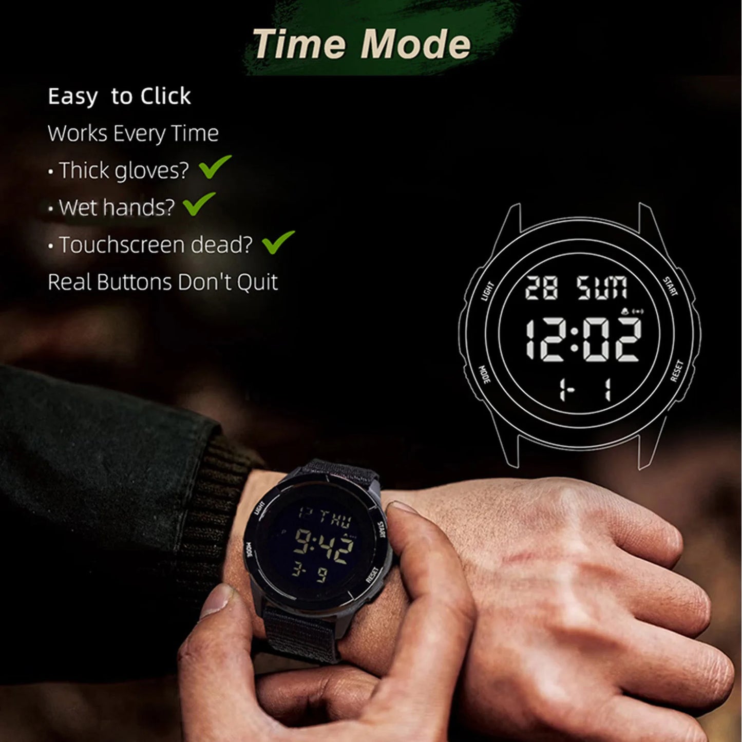 ساعة رياضية للأنشطة الخارجية مقاومة للمطر حتى عمق 50 مترًا، ساعات رياضية رقمية مزودة بإضاءة خلفية LED