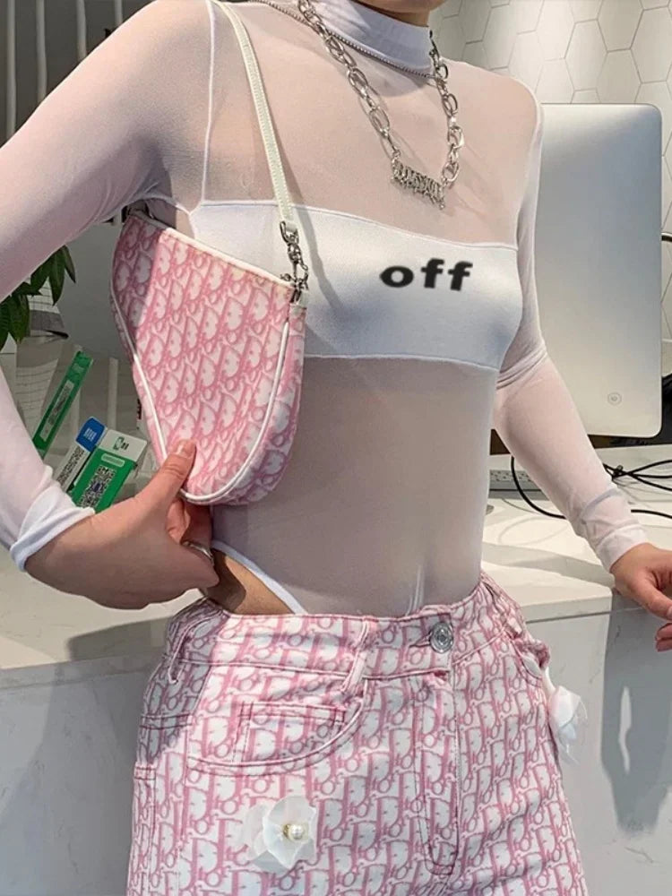 Fashion Trends Women Clothing Corset Top One-Pieces Bodysuit Sexy Long Sleeve See Through Body Feminino Gauze Patchwork Bustier