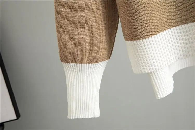 Fashionable Casual Suit for Women 2025 Spring and Autumn V-neck Contrasting Sweater Loose Wide-leg Pants Two-piece Set