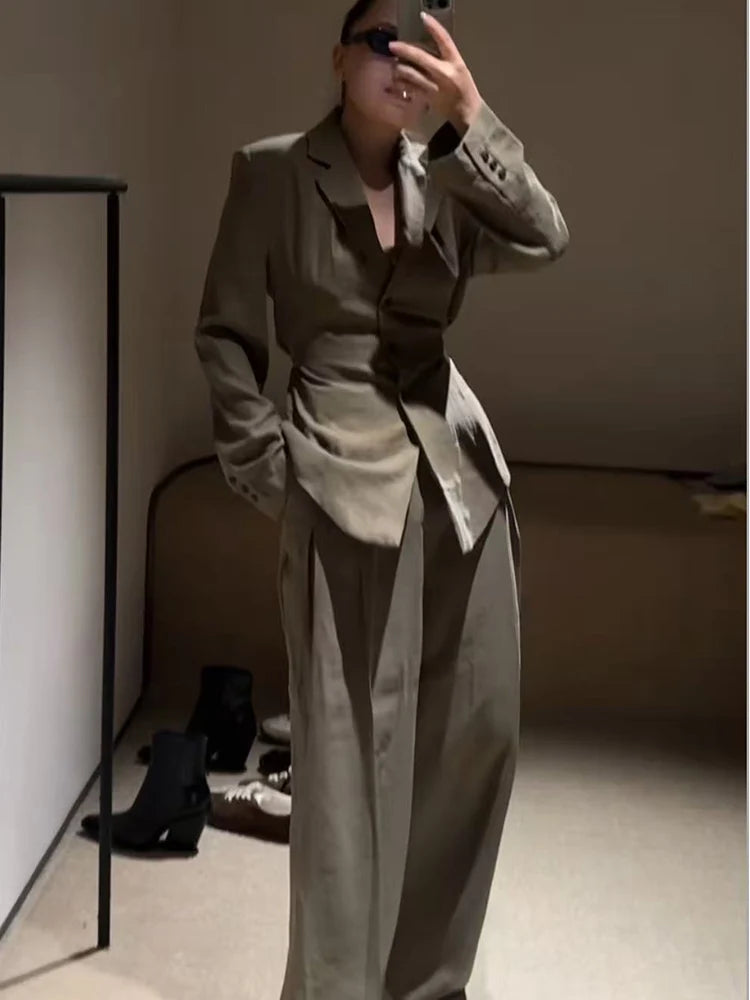 2025 New Women's Fashion Pant Suit V Neck Lace Up Belt Suit Coat High Waist Wide Leg Pants Set Elegant Commuter Office Outfits