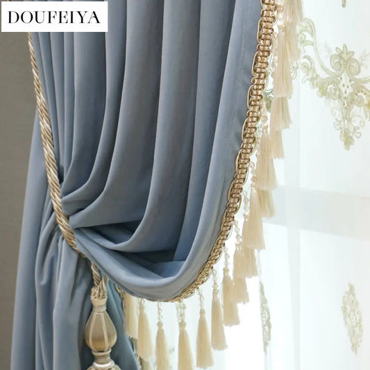 Modern European Luxury Curtains for Living Room Bedroom Blue Velvet Spliced Tassel Curtain Flat Valance Embroidered Tulle Custom