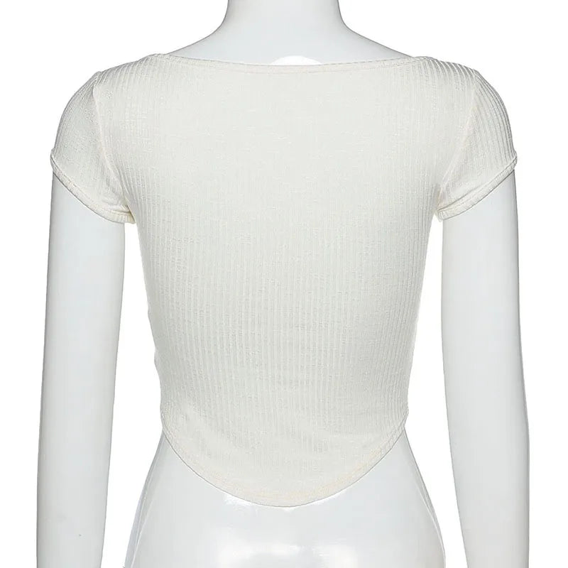 Women Summer Fashion Streetwear Sexy White Transparent Crop Tops Buttons V Neck Short Sleeve Pullover Slim T Shirts Club Party SwiftNest