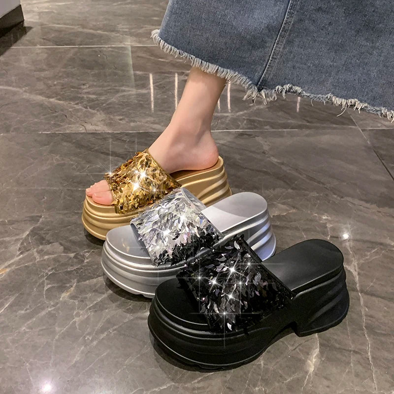 Aphixta Platform Sequined Cloth Sandals Slippers Women 8CM High Wedge Slides Women Shoes Gold Beach Slides Shoes