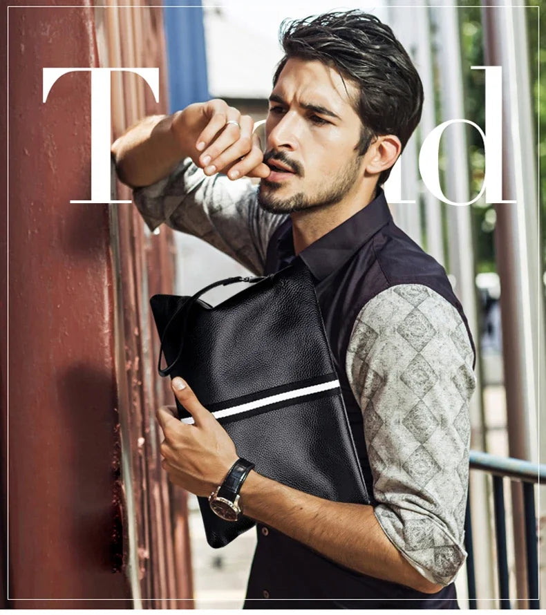 حقيبة يد أصلية من SENOFAN للرجال مخططة من جلد البقر الطبيعي، حقيبة يد رجالية، محفظة بتصميم مظروف، إصدار كوري رائع