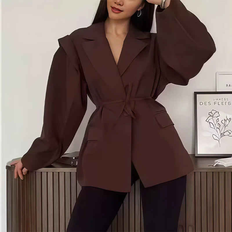 Womens Fashion Blazer Wide Shoulders Waist Tie Long Sleeve Blazer Stylish And Versatile Suitable For Workplace And Casual Wear