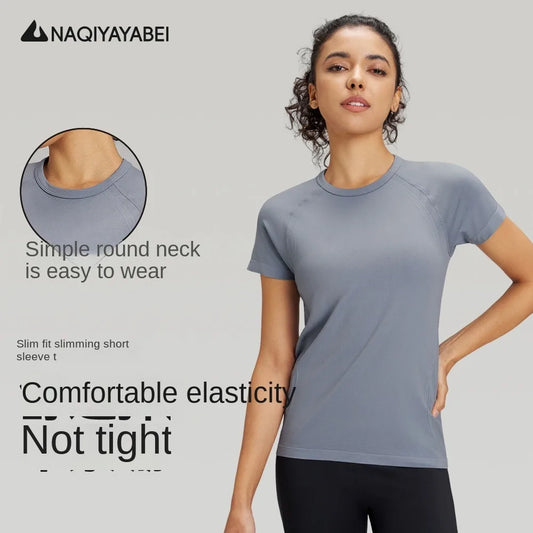 Outdoor yoga T-shirt, quick drying solid color sportswear, casual running, quick drying fitness training, short sleeved women