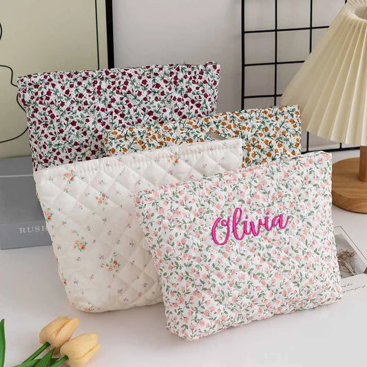 Personalized Name Floral Makeup Bag Embroidery Women's Birthday Gift Girl's Cotton Flower Cosmetic Bag Wedding Gift Storage Bags