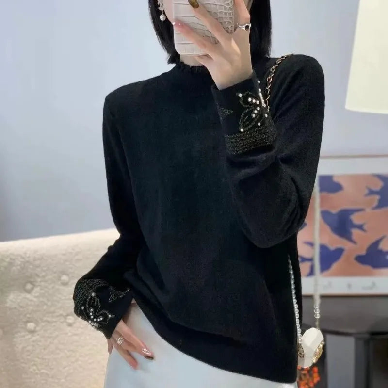 Women Clothes Autumn Winter Fashion Simplicity Lace Patchwork Knitting Half High Collar Female Solid Color Temperament Bottoming SwiftNest