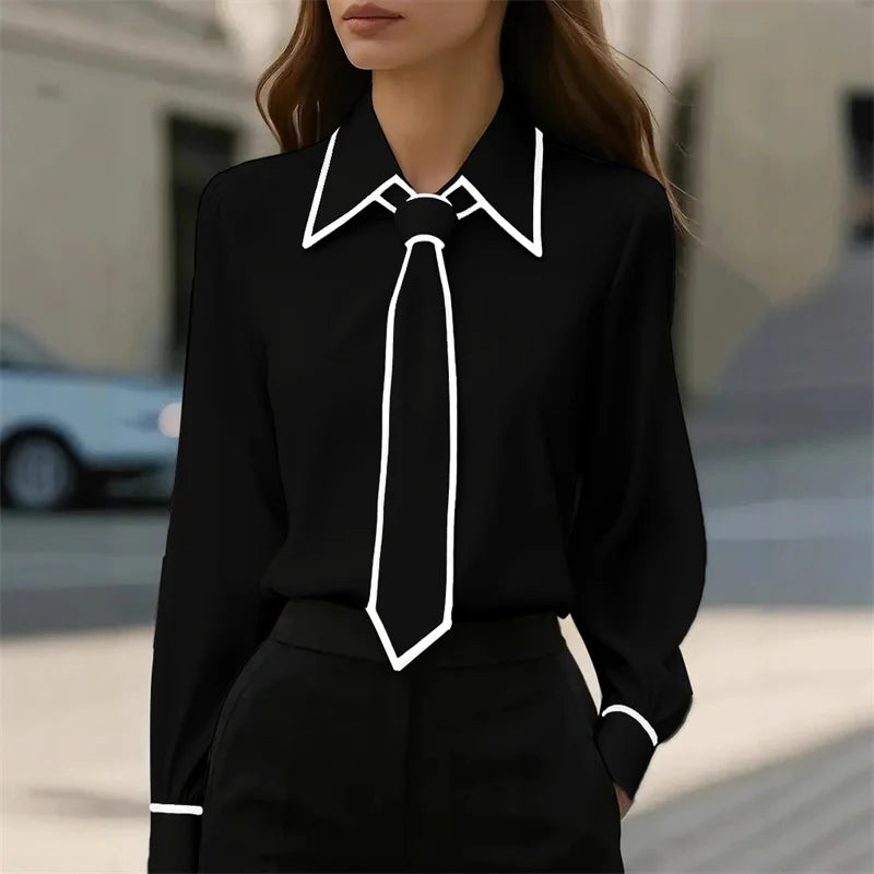 Women Elegant Fashion Lace up Patchwork Blouse Spring Autumn Casual Long Sleeve Lapel Shirt Office Lady French Shirt Tops 2025