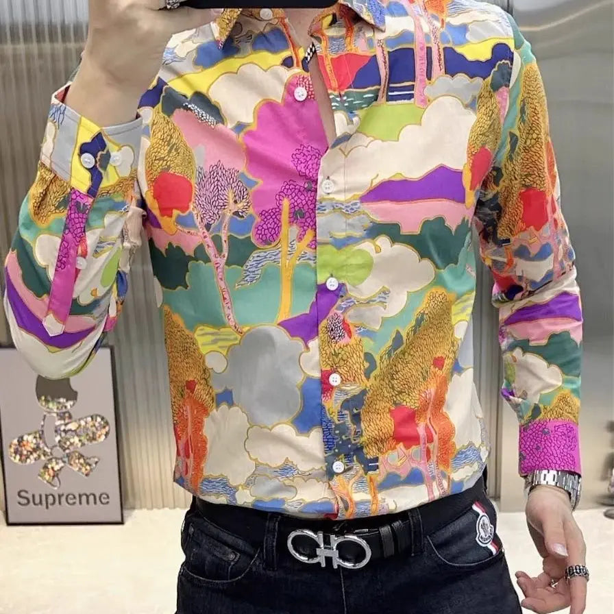 Men's Spring Autumn Fashion Trend Slim Fit Casual Floral Print Long Sleeve