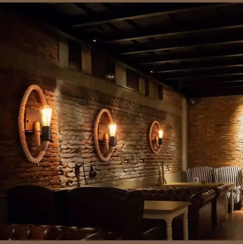 Bedside bedroom decorative wall lamp retro staircase hallway iron hemp rope lamp American industrial style Sconce lamp