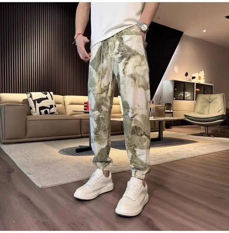 New Fashion  Spring Summer Men's  Straight Casual Pants Fashion Pocket Drawstring Guofeng Printing Breathable  Sports Trousers