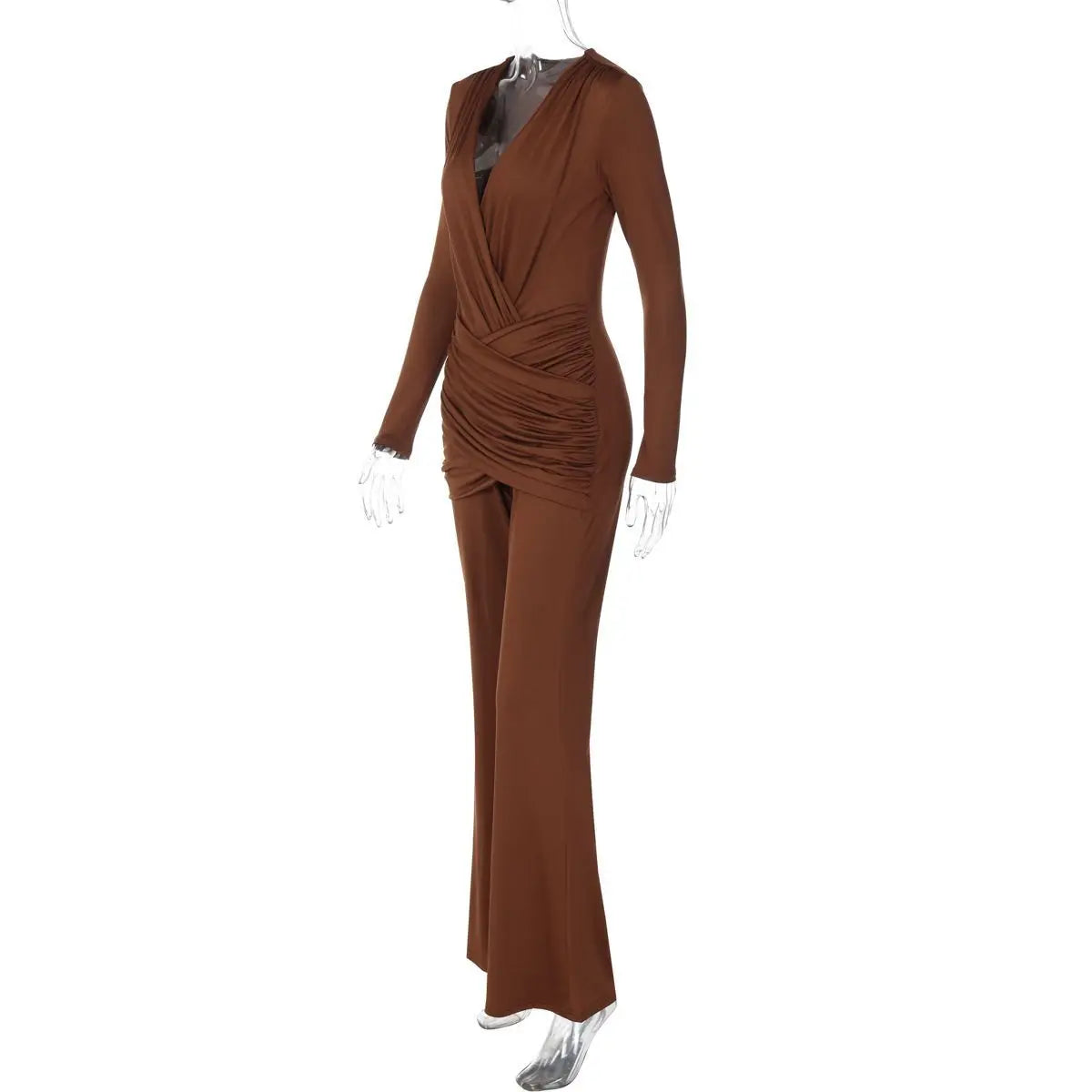 Women's Clothing 2025 Autumn Solid Color Long-sleeved Deep V-neck Fashion Pleated Slim-fit Jumpsuit