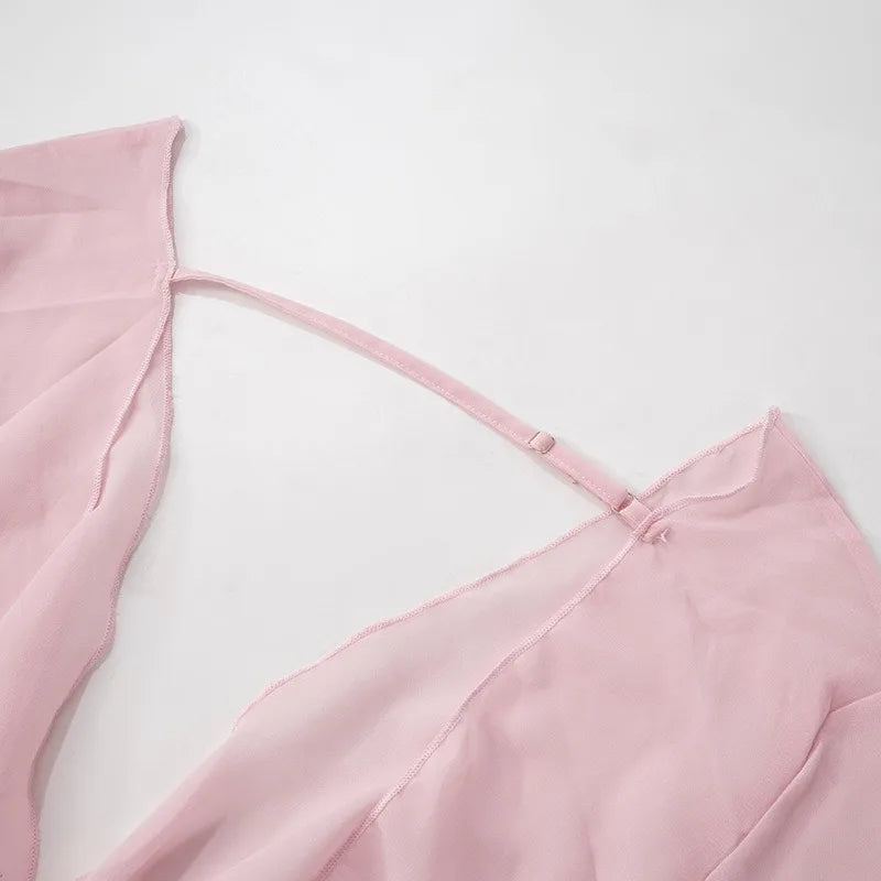 Women Dresses Autumn New Pink See Sexy Through Backless Low Chest Mini Dress Streetwear Fashion Lace-up Long Sleeves Lady Dress SwiftNest