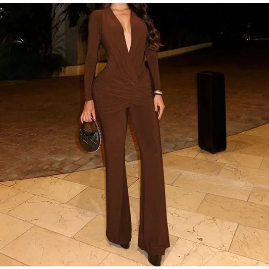 Women's Clothing 2025 Autumn Solid Color Long-sleeved Deep V-neck Fashion Pleated Slim-fit Jumpsuit