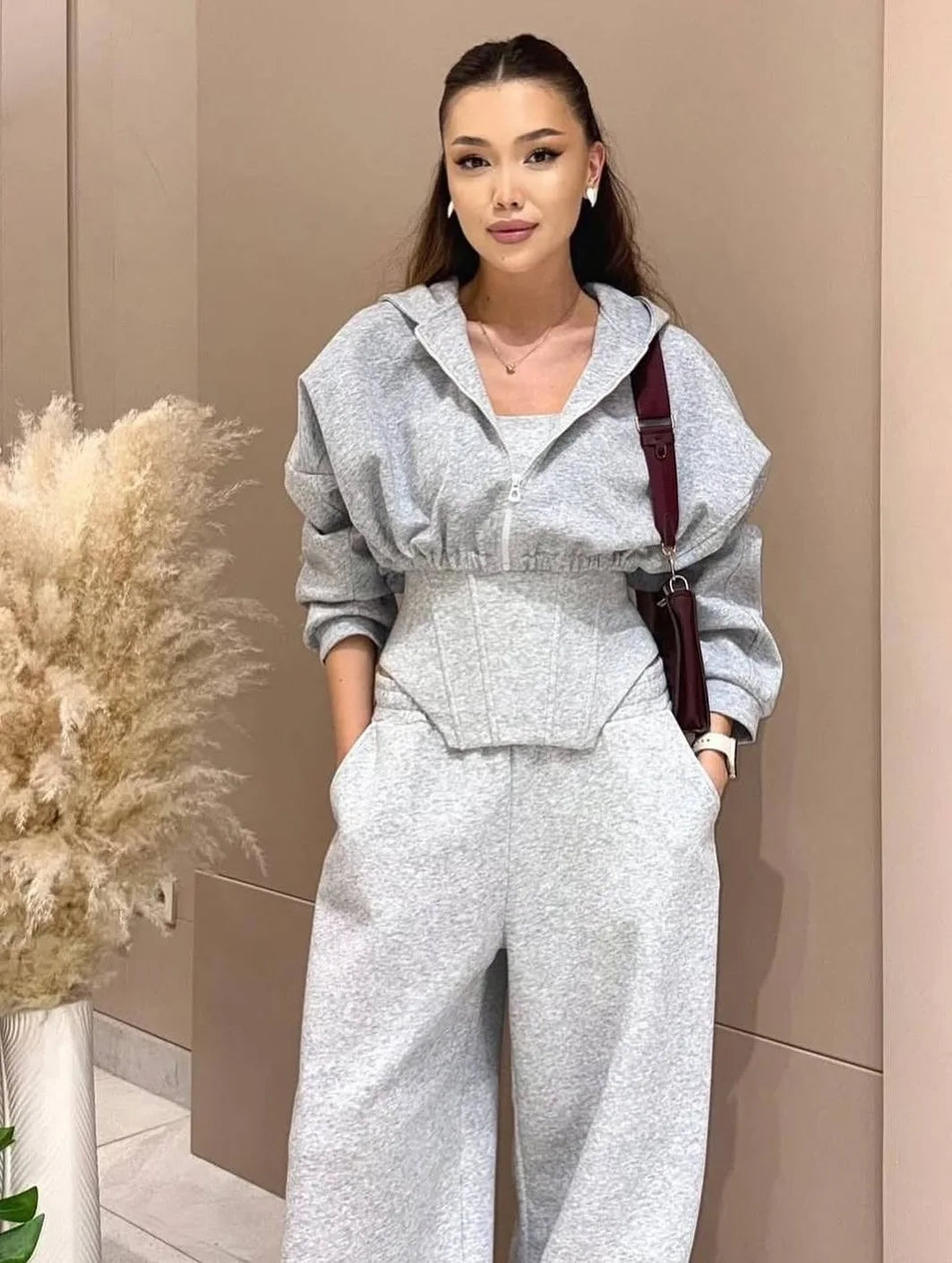 Women's clothing 2025 autumn new fashion hooded sweatshirt jacket vest wide leg pants three piece set
