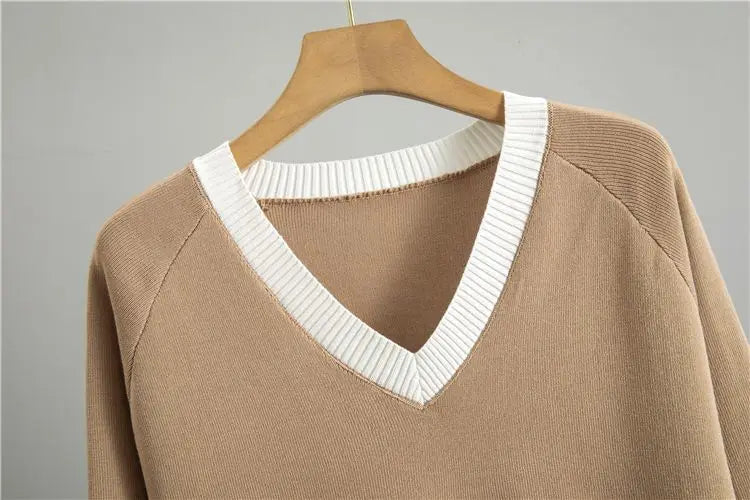 Fashionable Casual Suit for Women 2025 Spring and Autumn V-neck Contrasting Sweater Loose Wide-leg Pants Two-piece Set