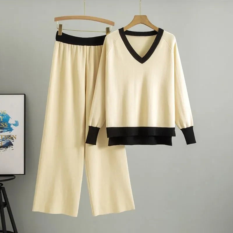 Fashionable Casual Suit for Women 2025 Spring and Autumn V-neck Contrasting Sweater Loose Wide-leg Pants Two-piece Set