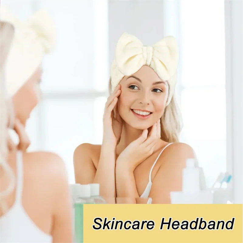 مجموعة من 3 قطع من عصابة رأس لغسل الوجه، أداة تنظيف الوجه، ربطة شعر على شكل فيونكة، أساور معصم مرنة لغسل الوجه