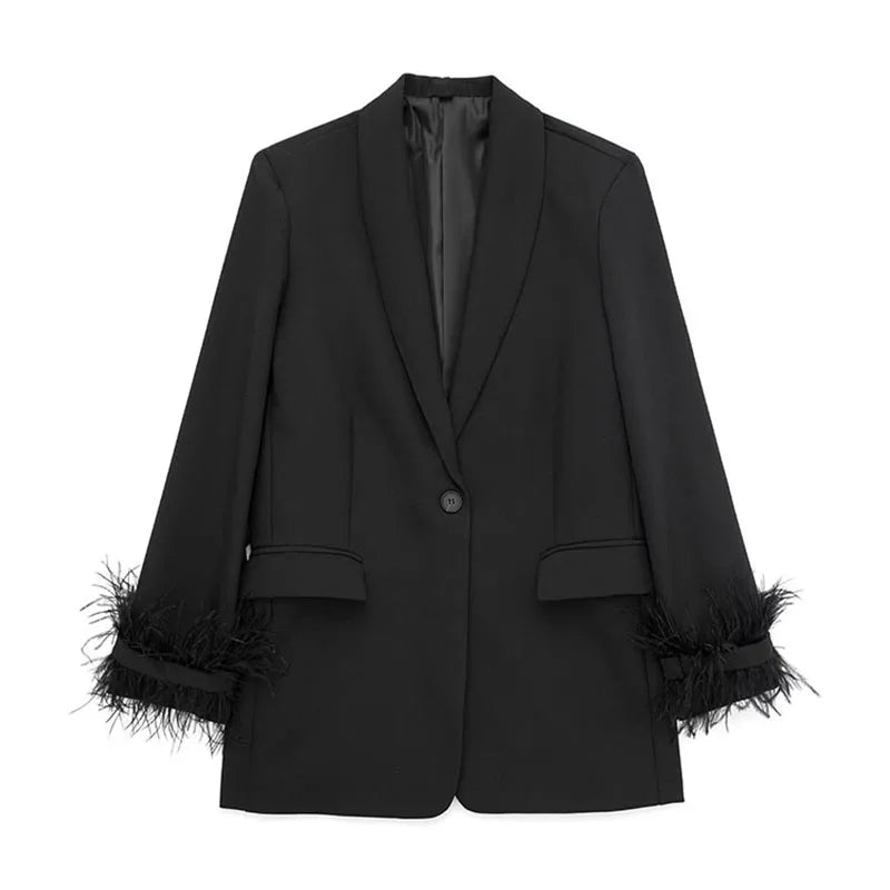 Women Fashion Chic Black With Feather Blazer Jacket Elegant Notched Neck Single Button Long Sleeves Female Outfits