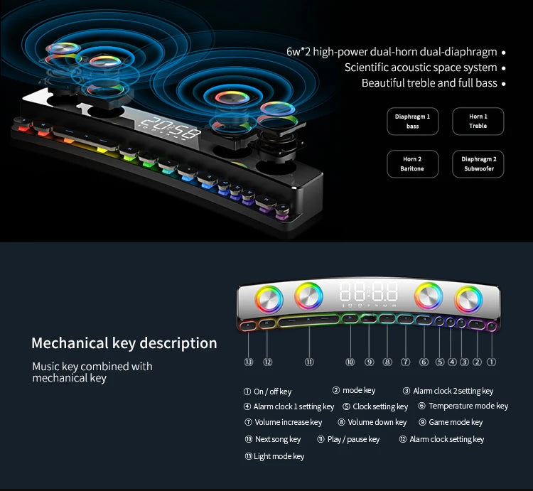 مكبرات صوت بلوتوث عالية الجودة، شريط صوت RGB ثلاثي الأبعاد، ستيريو محيطي، مضخم صوت، AUX، راديو FM، ساعة منزلية، كمبيوتر، مركز موسيقى، جديد وجذاب