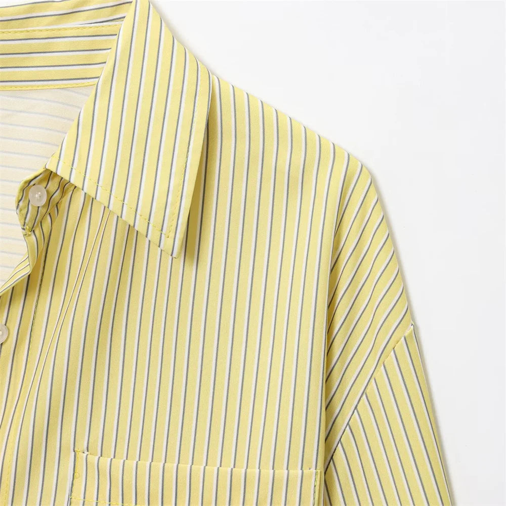 Women's Fashion Style Versatile Small Fresh Style Flip Collar Long Sleeve Top Summer New Striped Loose Poplin Shirt SwiftNest