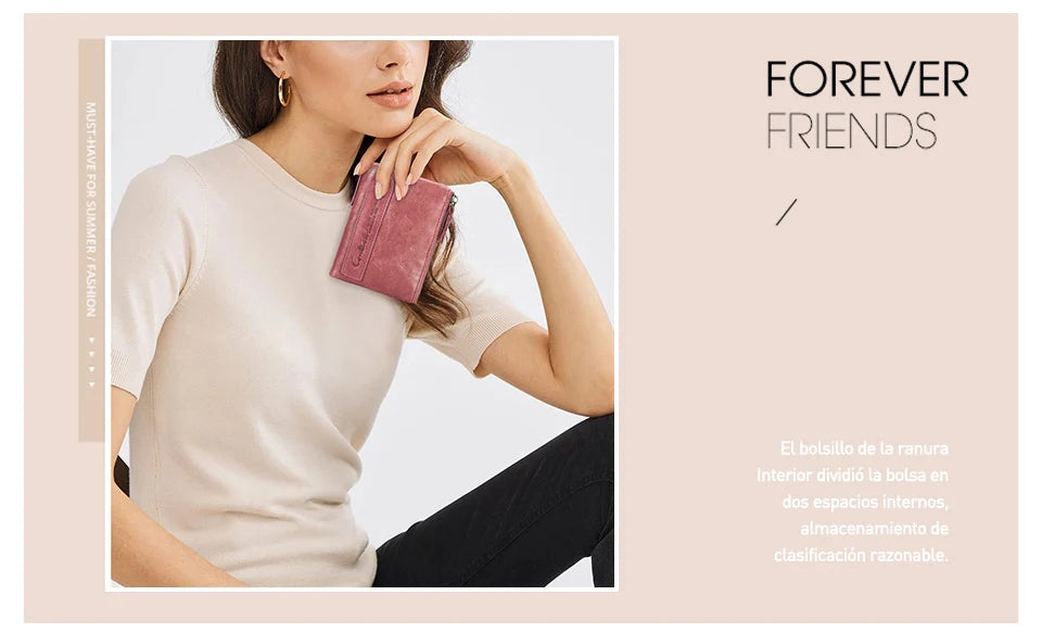 محفظة قصيرة من الجلد الأصلي للنساء من CONTACT'S، حامل بطاقات فاخر بتصميم محفظة عملات معدنية ومشبك نقود ومحفظة صغيرة للنساء والرجال