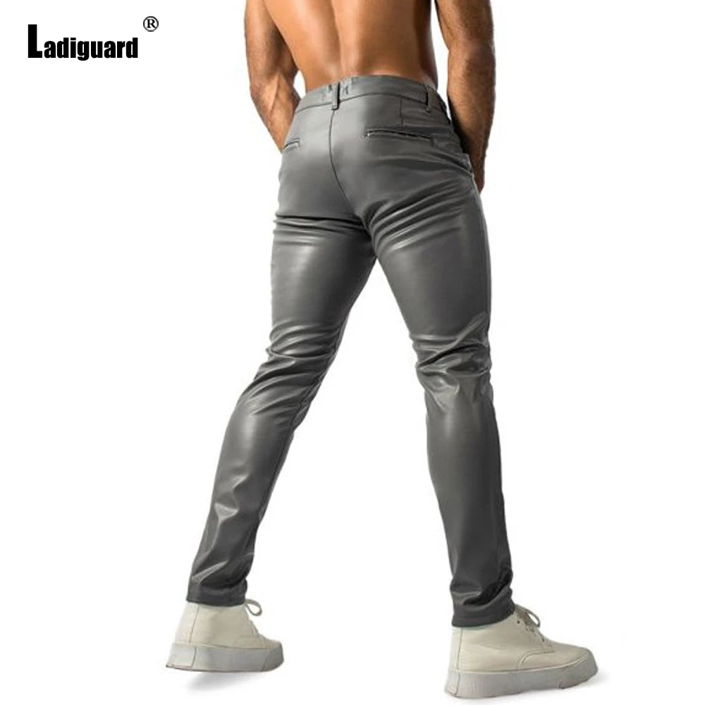 2025 Mens Fashion Rock Style PU Leather Pants Sexy Night Club Dance Pants Men's Grunge Faux Leather Slim Motorcycle Trousers New