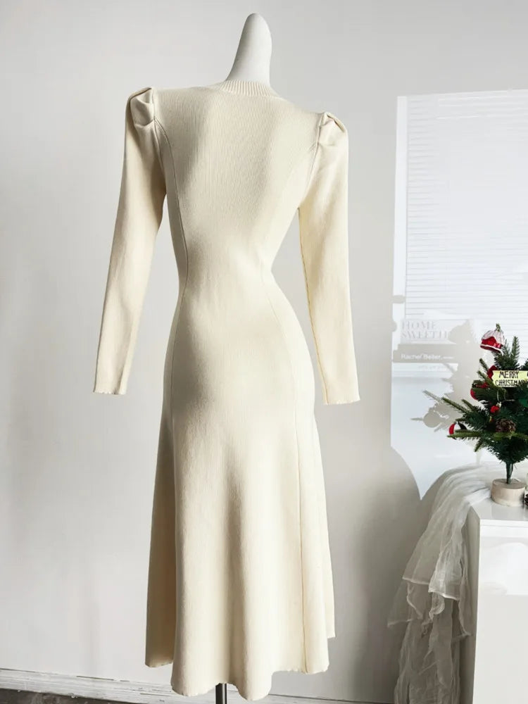 French Fashion Casual Women Inside Knitted Long Dress 2025 Spring New Long Sleeves Elegant Party Dresses Simple Vestidos Largos SwiftNest